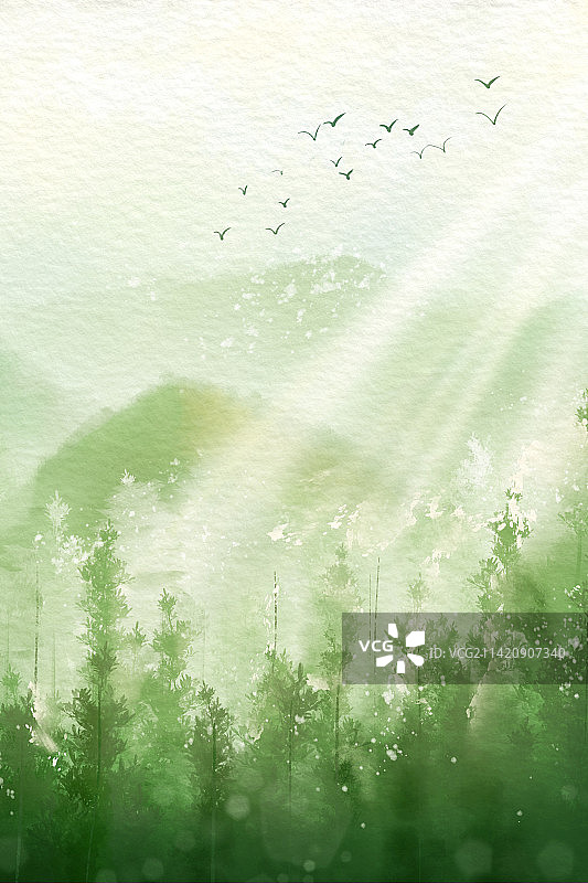 清新绿色春天水墨山水插画图片素材
