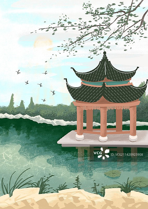 苏州园林风景插画图片素材