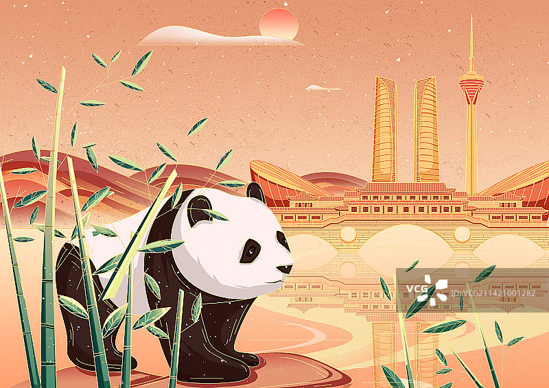 山湖水色之间，大熊猫站在水中央。图片素材