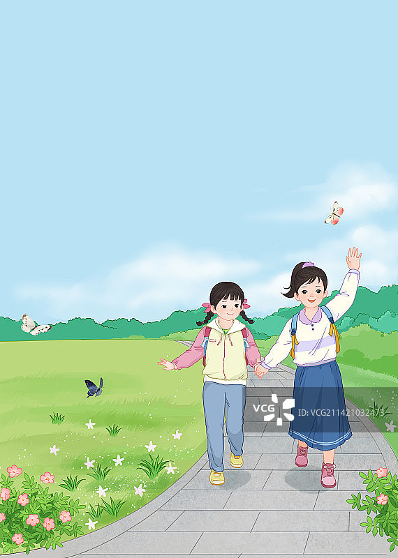 上学路上的学生插画图片素材