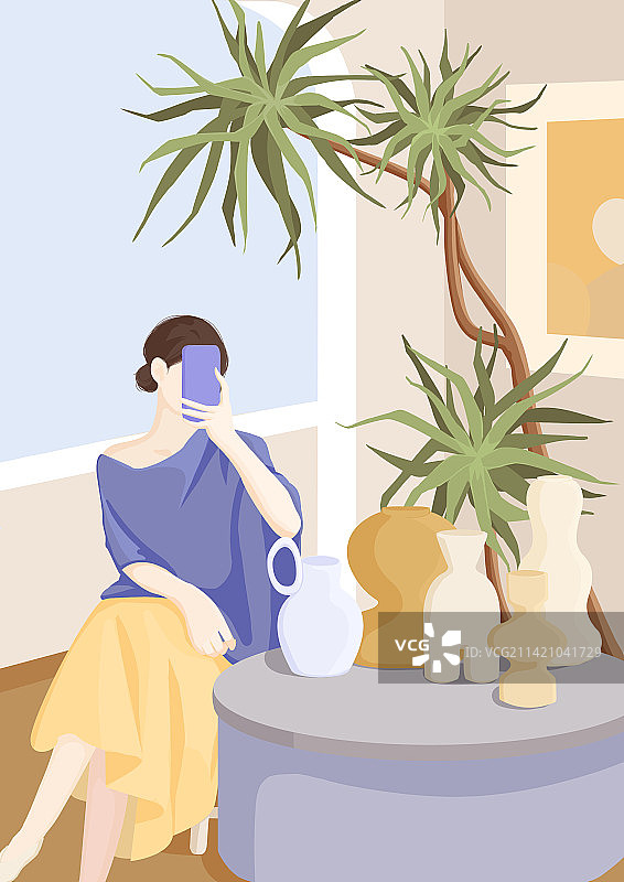 法式扁平风插画小资ins风室内绿植清新图片素材