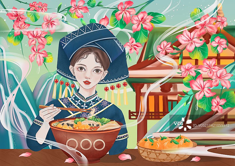 国风吃广西柳州螺蛳粉的少数民族壮族少女插画图片素材