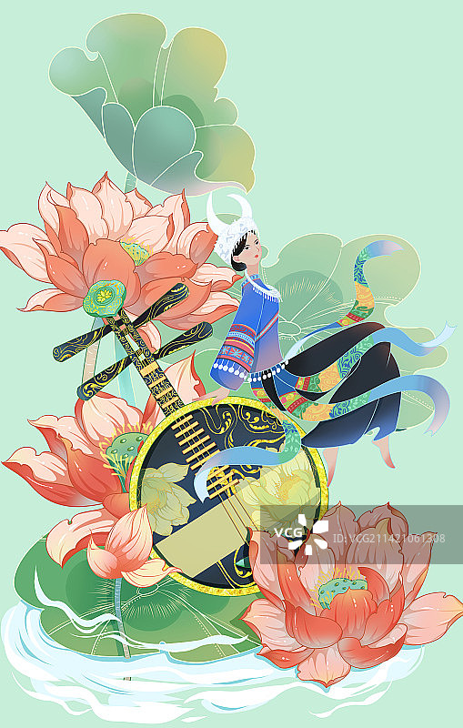 国潮插画民族元素苗族荷花与月琴乐器组合植物图片素材