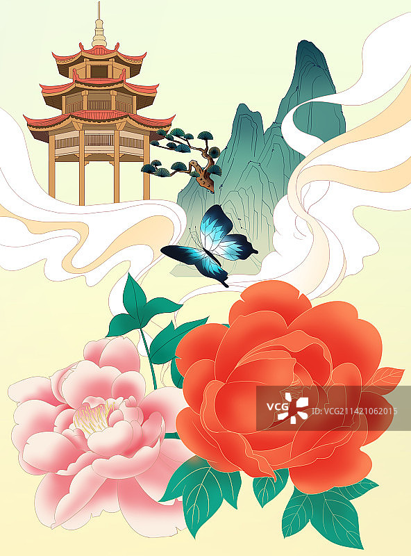 中国风新中式古风古典传统文化中国画花鸟画牡丹亭意境风景插画图片素材