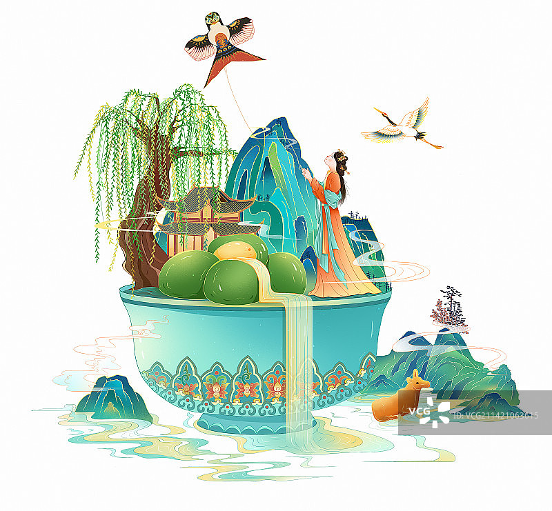 古风工笔画清明节青团黄牛高山流水，放风筝的古典女人 国潮风节日插画图片素材