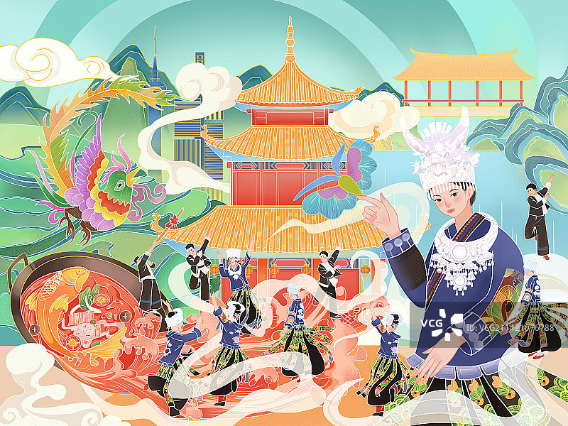国潮插画印象贵州民族苗族舞蹈国风插画图片素材