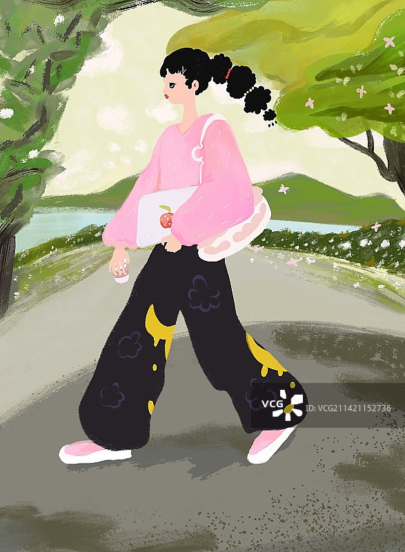 春天女孩在上班路上思考工作治愈系插画图片素材