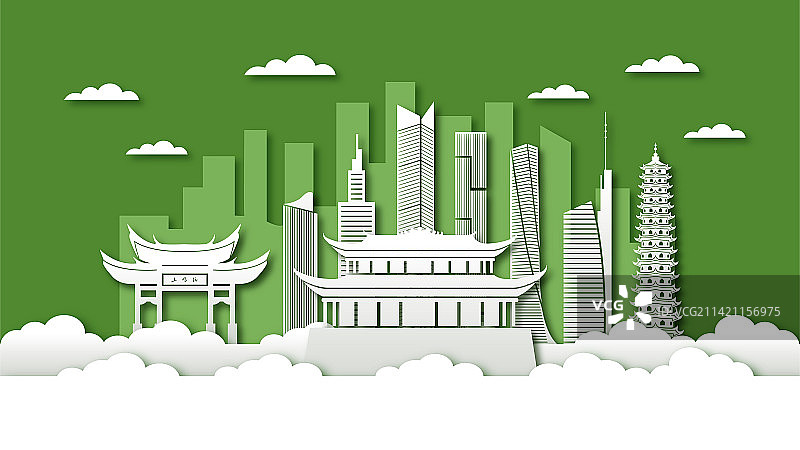 中国福建福州市城市天际线剪纸风矢量插画图片素材