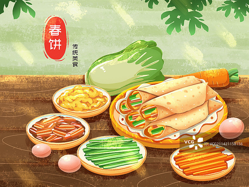 春天春分节气传统美食春饼插画图片素材