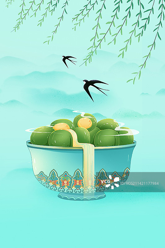 古风工笔画清明节青团 放牧的孩童 寒食节春天风景 国潮风节日插画图片素材