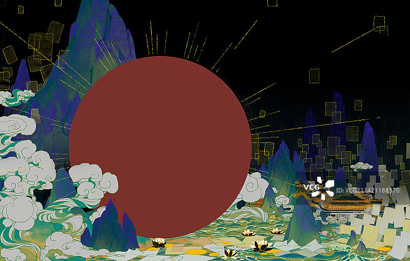 国风插画海报背景  旭日东升 仙境 敦煌图片素材