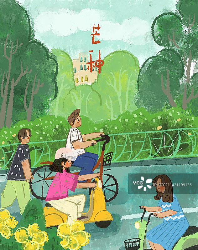 芒种节气街道上骑行的人们图片素材