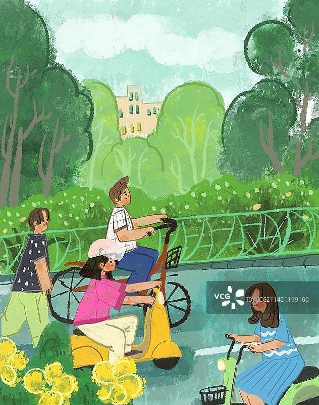 街道上骑行的人们和黄色的花朵图片素材