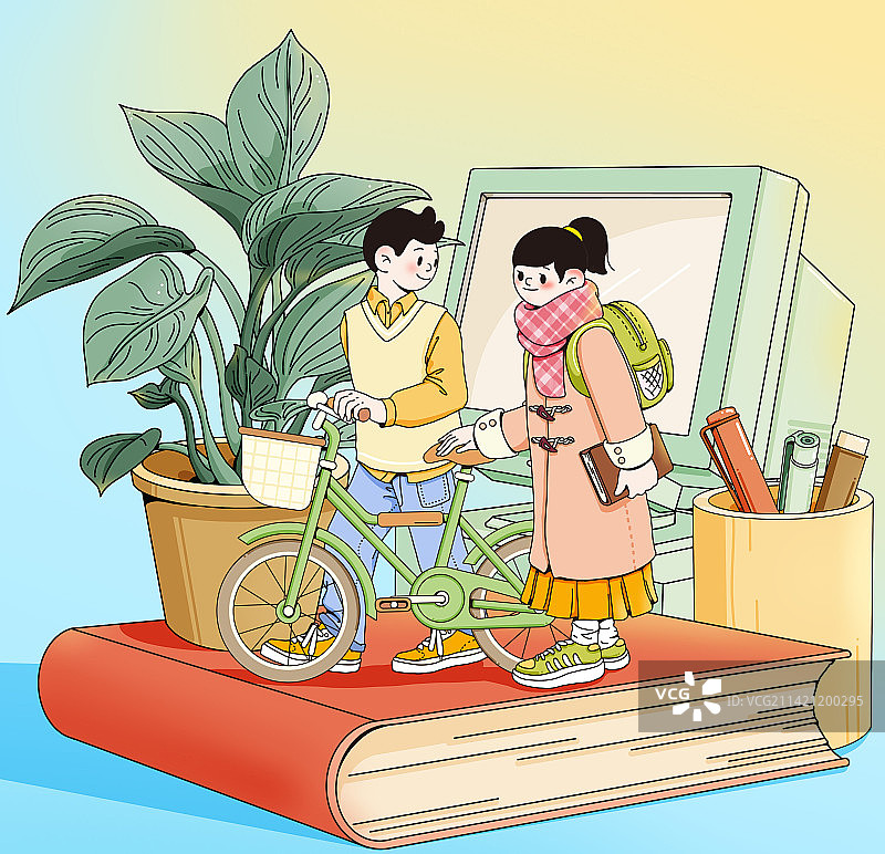 推着自行车上学的男生女生图片素材