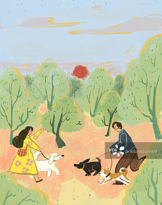 夕阳户外青年男女宠物小狗奔跑图片素材