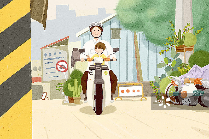 小清醒街景肌理感摩托车小朋友插画图片素材