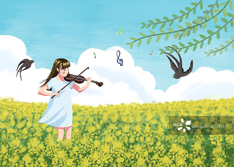 春天在油菜花田拉小提琴的女孩清新插画海报图片素材