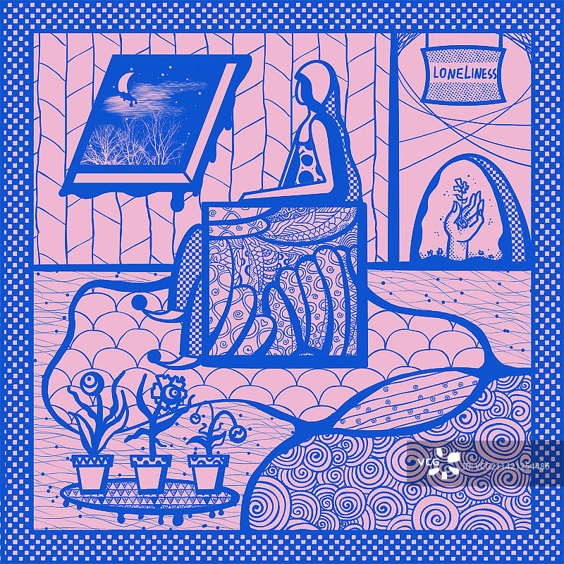 月下孤独的人蓝粉色肌理插画图片素材