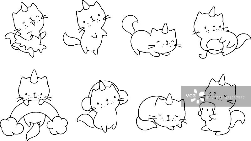 带角独角兽小猫线条着色套装图片素材