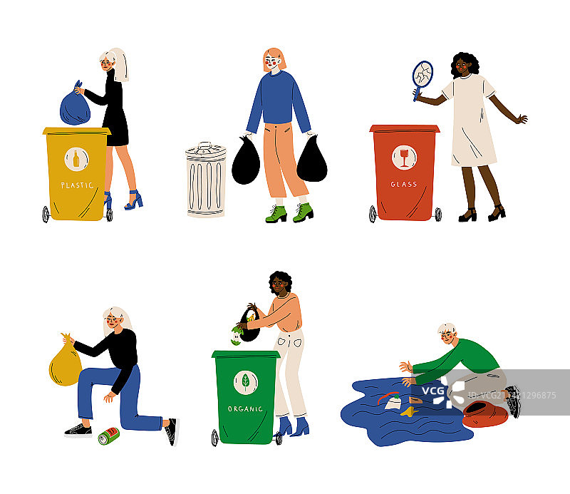 人们收集垃圾并扔进垃圾桶图片素材