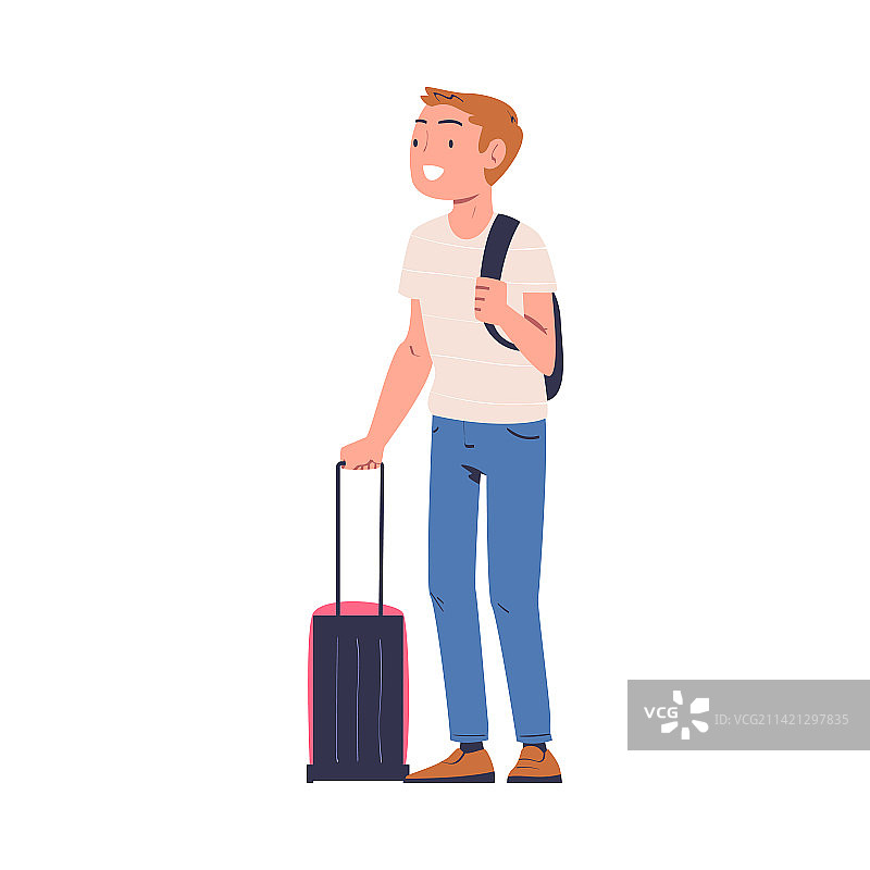微笑的男人角色，背着背包和手提箱图片素材