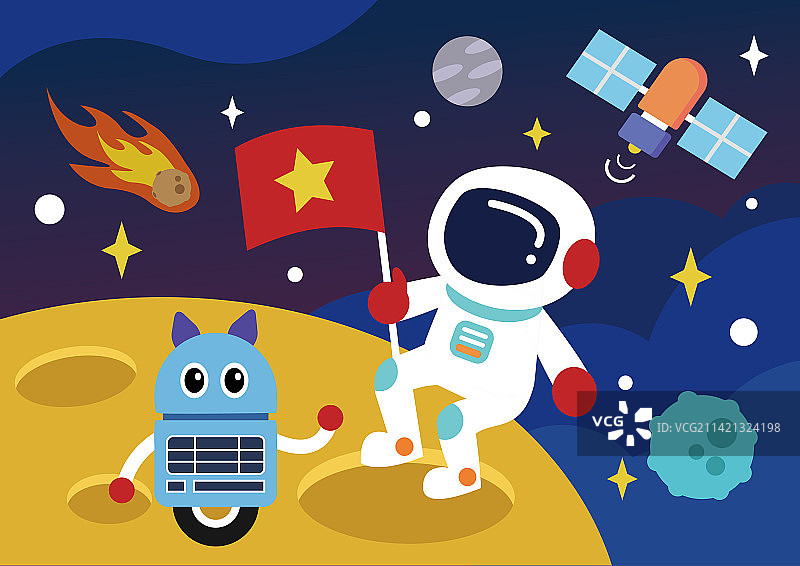 太空机器人宇航员月球科技扁平矢量插画图片素材