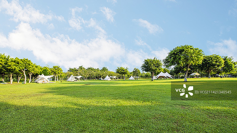 蓝天白云下公园的露营草地上搭着帐篷图片素材