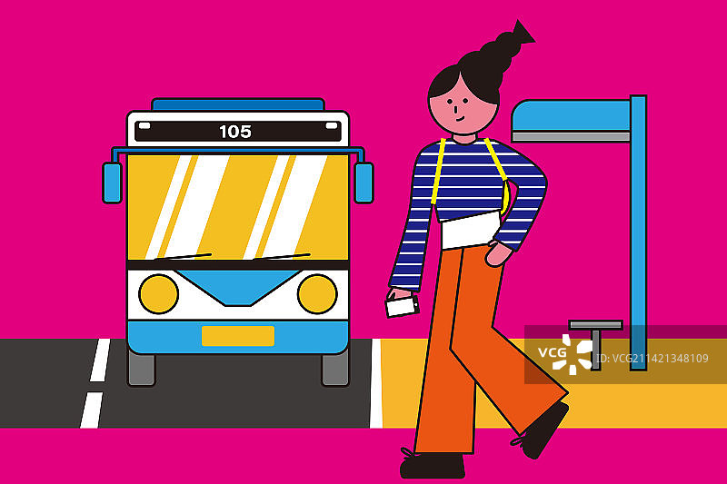 通勤公交车描边风格活泼插画图片素材