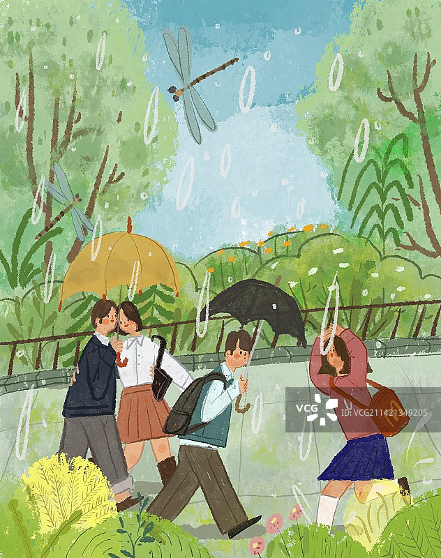 下雨街道上撑着伞干路的青年男女图片素材