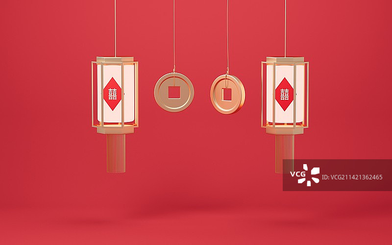 红色喜庆灯笼中国风背景 3D渲染图片素材