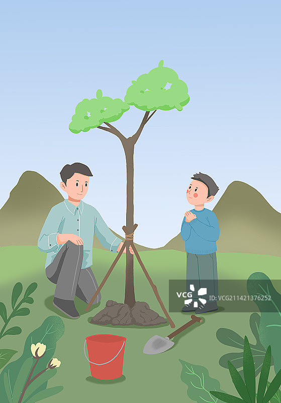 亲子植树扁平风插画图片素材