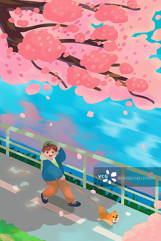 卡通春季春天樱花散步插画图片素材