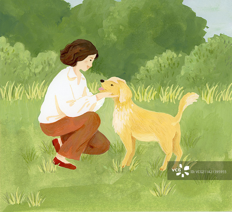 女孩和狗狗玩耍拥抱插画图片素材