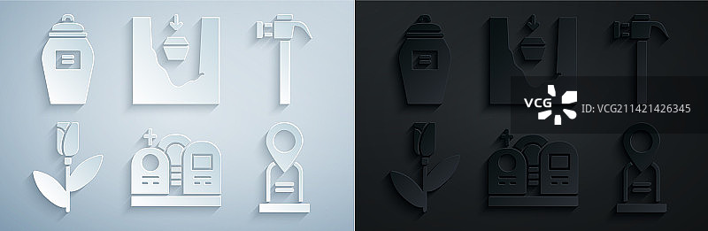 带墓碑锤子鲜花玫瑰的坟墓场景套装图片素材