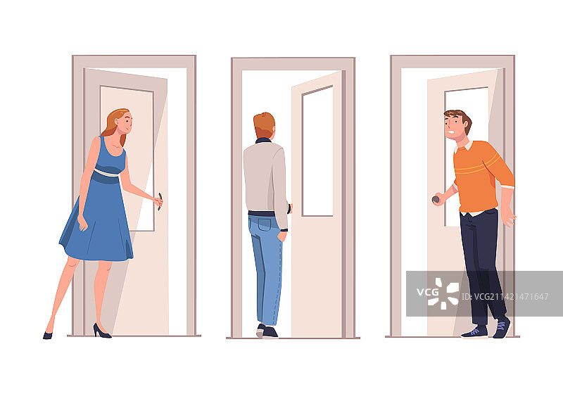 站在敞开门前告别的男女角色图片素材
