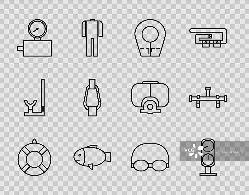 救生圈、压力表、潜水帽、鱼线条图标图片素材