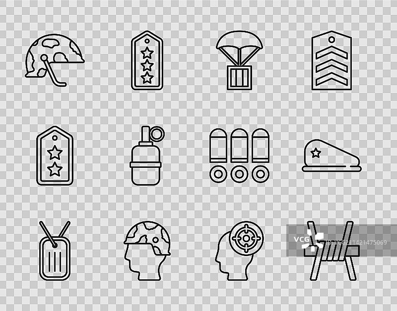 成套线条军用狗牌、铁丝网和空投图片素材