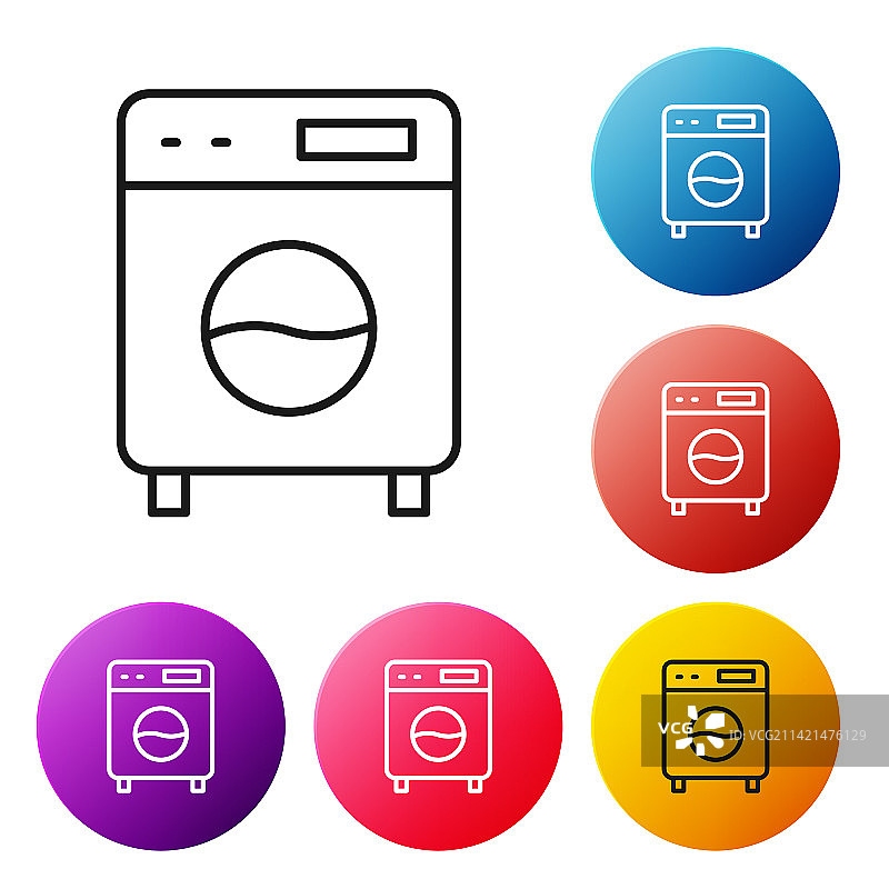 黑色线条洗衣机图标，白色背景隔离图片素材