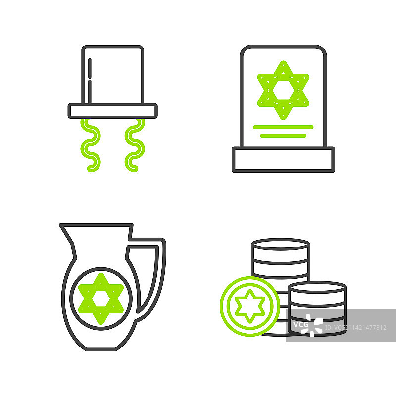 犹太硬币和带有大卫之星的醒酒器线条组合图片素材