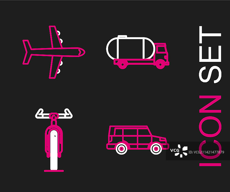 越野车、自行车、油罐车线条组合图片素材