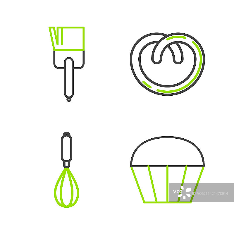 一组线性松饼厨房搅拌器椒盐卷饼和刷子图标图片素材