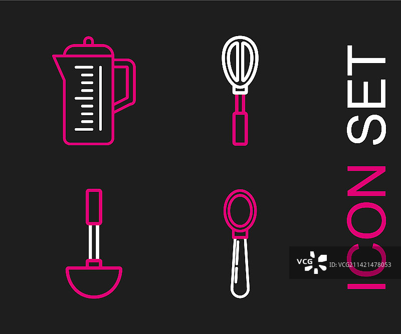 勺子、厨房长柄勺、打蛋器、茶壶等线条元素图片素材