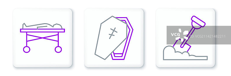 地面铲子与太平间尸体线性图标套装图片素材