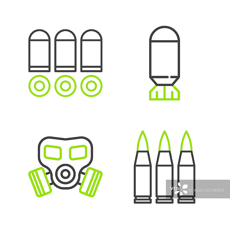 线条集：子弹、防毒面具、航空炸弹及图标图片素材