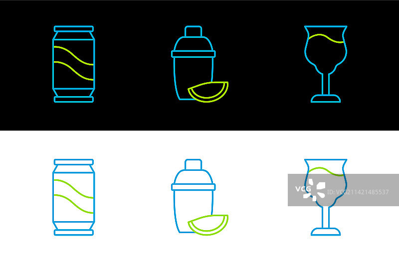 葡萄酒杯、啤酒罐和鸡尾酒调酒器组合图片素材