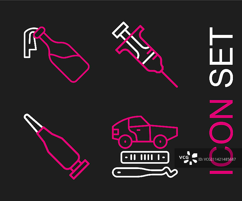 汽车盗窃案线性图标集：子弹、注射器和鸡尾酒图片素材