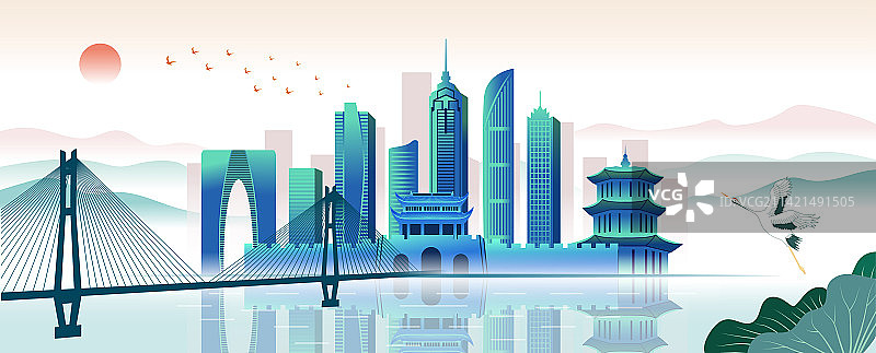 中国江苏苏州市城市天际线新国潮清新插画图片素材