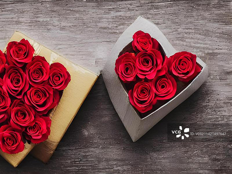 2月情人节礼物玫瑰花和心型巧克力礼盒图片素材