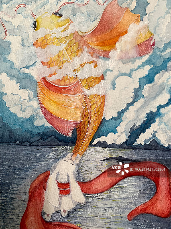 兔子鱼云层海洋奇幻天空背景温暖中国风手绘插画图片素材