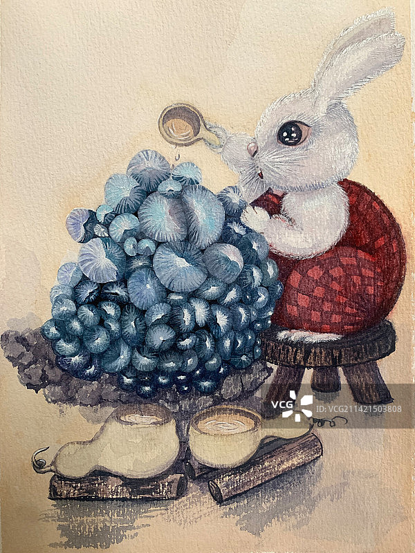 兔子多肉植物可爱清新温暖手绘插画图片素材